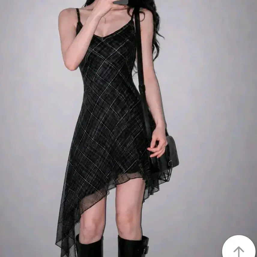 [BUNJANG] Checkered Chiffon Asymmetrical Strap Dress / 체크 쉬폰 언발 끈원피스