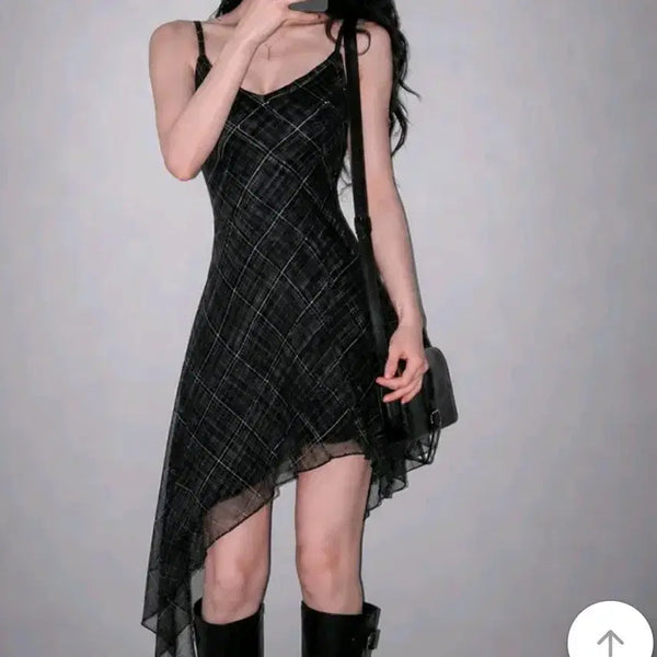 [BUNJANG] Checkered Chiffon Asymmetrical Strap Dress / 체크 쉬폰 언발 끈원피스