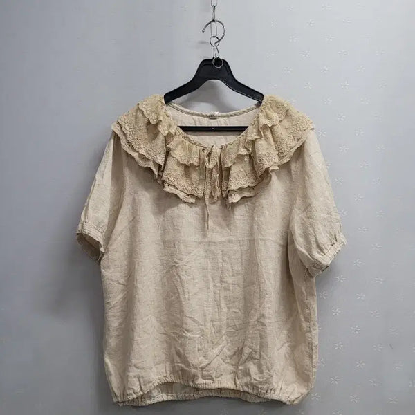 [BUNJANG] Ruffle Lace Collar Blouse - Beige / 77)프릴 레이스카라  블라우스