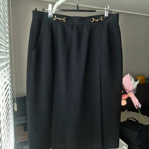 [BUNJANG] MADAME POLA Summer Black Midi Skirt (Size 66-77) / 백화점 마담폴라) 까슬 여름 블랙 미디스커트 66~77
