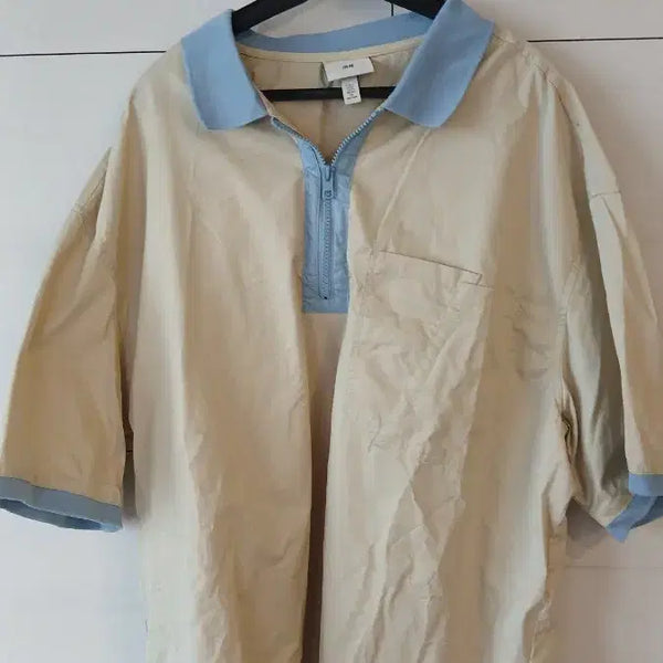 [BUNJANG] H&M Half-Sleeve Polo Shirt Beige Blue Oversized XL / H&M 반팔 폴로셔츠 베이지 블루 오버핏 XL 얼룩스팟작음
