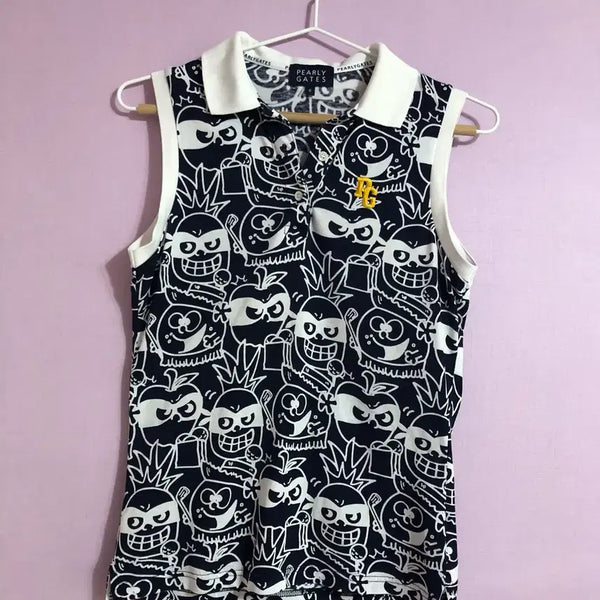 [BUNJANG] Parigates Sleeveless Polo Shirt with Character Pattern / 파리게이츠 민소매 카라티 캐릭터 패턴 네이비