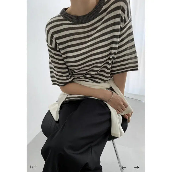 [BUNJANG] 45th Ave Rolling Over Stripe Knit - Charcoal, Free Size / 45번가 롤링 오버 스트라이프 니트 - 차콜,프리