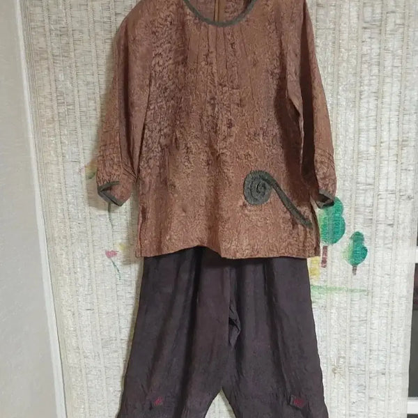 [BUNJANG] Brown Patterned Rayon 3/4 Sleeve Top and Pants Set / 인견 갈색 패턴 칠부 소매 상의와 바지 세트