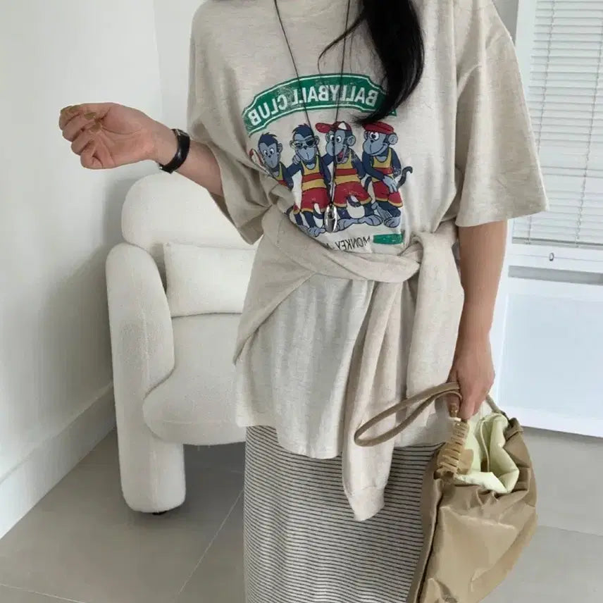 [BUNJANG] Monkey Short Sleeve T-Shirt - Navy, Ivory, Oatmeal - Plus Size Available (44-77) / 새상품 네이비만 원숭이 반팔 티셔츠 아이보리 오트밀만 빅사이즈 가능 44-77