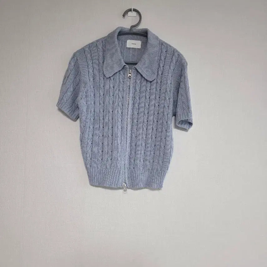 [BUNJANG] ANNE Short Sleeve Cable Knit Zip-Up Sweater / ANNE반팔 케이블 니트 블루