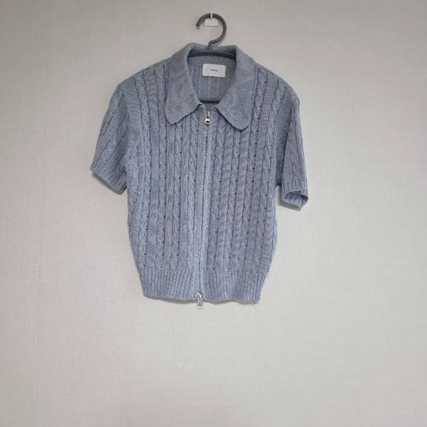[BUNJANG] ANNE Short Sleeve Cable Knit Zip-Up Sweater / ANNE반팔 케이블 니트 블루