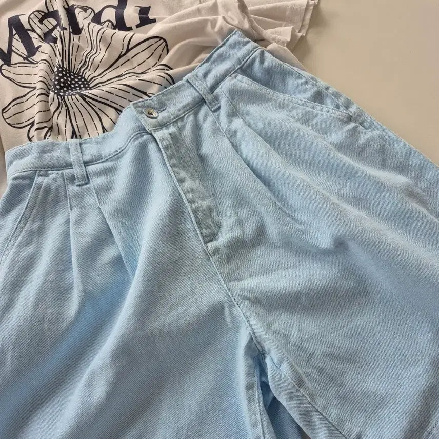 [BUNJANG] Light Blue Pin Tuck Wide Shorts / 핀턱 와이드 반바지