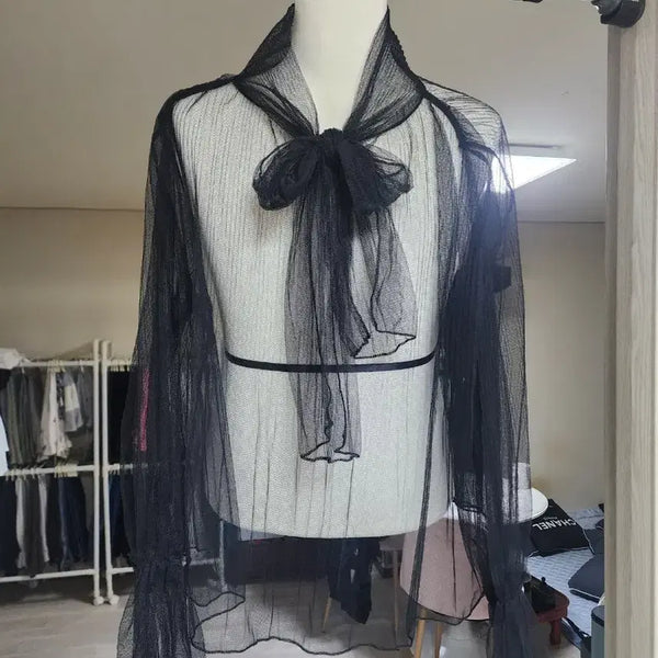 [BUNJANG] Black See-through Ribbon Blouse / 블랙 시스루 리본 블라우스