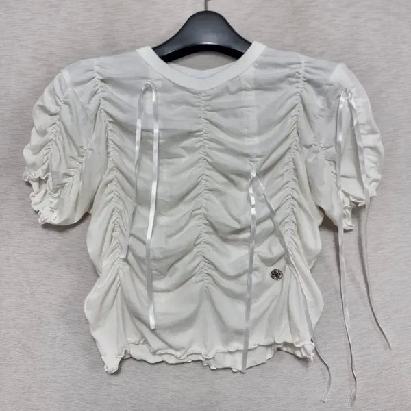 [BUNJANG] Kim The Young Shirring Ribbon Short Sleeve Blouse / 새제품 김미더영 셔링 리본 반팔 여자55사이즈ㅡ0427ㅁㅁ