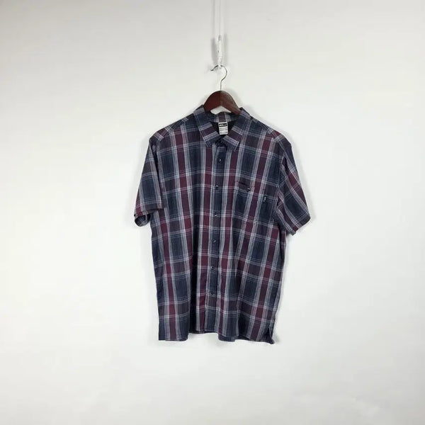 [BUNJANG] The Face Shop Navy Burgundy Check Short Sleeve Shirt Men's Size 100 / 더레드페이스 네이비 버건디 체크 반팔 셔츠 남 100, 260709