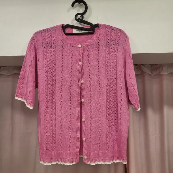 [BUNJANG] Pink Knit Cardigan with Lace Detail / 핑크색 니트 가디건