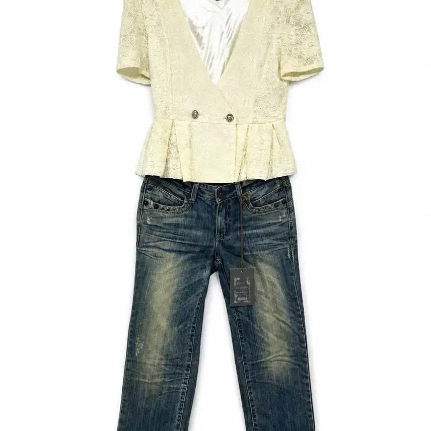 [BUNJANG] Lace Blazer + 8-Length Capri Jeans Set / 레이스 블레이저+8부 카프리 진 세트