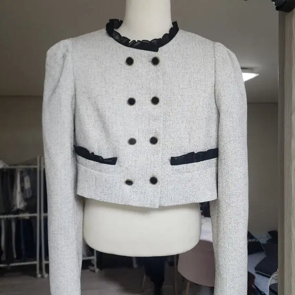 [BUNJANG] High-End Tweed Crop Jacket (White/Black) / 고급 트위드 크롭 자켓 (화이트/블랙)