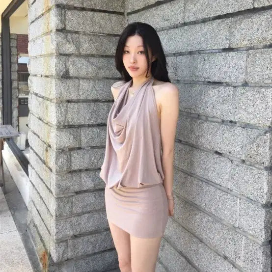[BUNJANG] Draping Halterneck Mini Dress - Beige / 드레이핑 홀터넥 미니 원피스 베이지