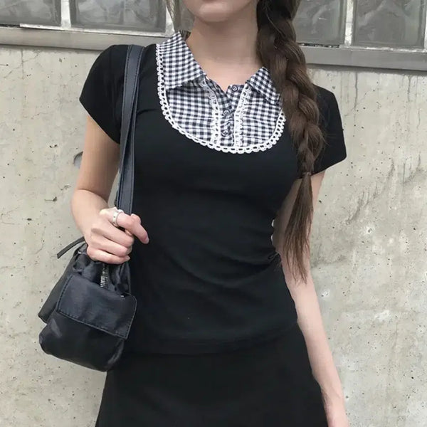 [BUNJANG] Any One More Nero Vintage Check Short Sleeve Blouse / 애니원모어 네루 빈티지 체크 카라 반팔 블라우스 (급처)