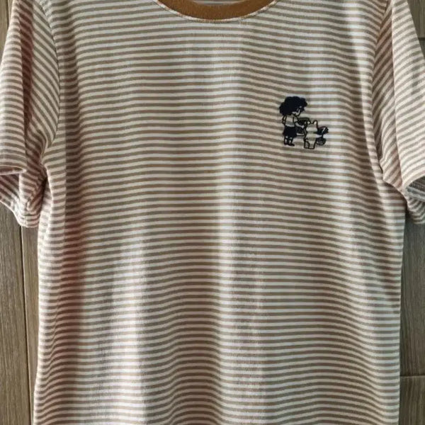 [BUNJANG] Striped Short-Sleeve T-Shirt with Embroidery / 티셔츠