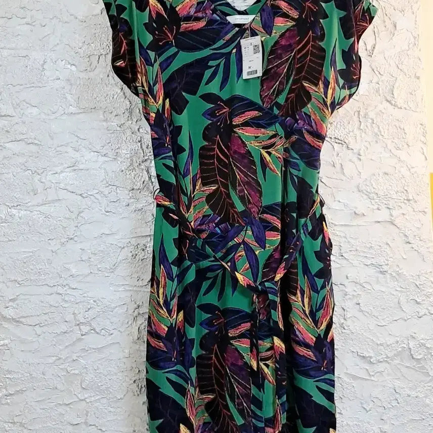 [BUNJANG] Hawaiian Leaf Pattern 100% Viscose Belted Midi Dress / 하와이완 나뭇잎 비스코스100% 벨티드원피스