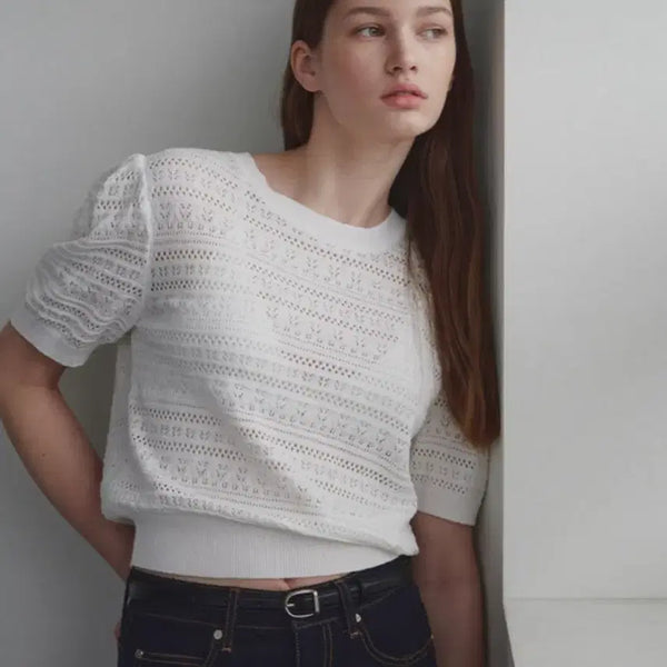 [BUNJANG] Loewe Crochet Short Sleeve Top Ivory / 루에브르 크로셰 반팔 아이보리