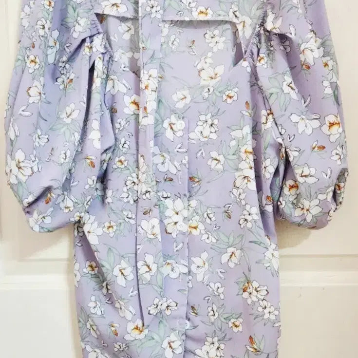 [BUNJANG] Purple Floral Square Neck Puff Sleeve Blouse / 퍼플 꽃무늬 스퀘어넥 퍼프 소매 블라우스