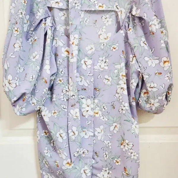 [BUNJANG] Purple Floral Square Neck Puff Sleeve Blouse / 퍼플 꽃무늬 스퀘어넥 퍼프 소매 블라우스