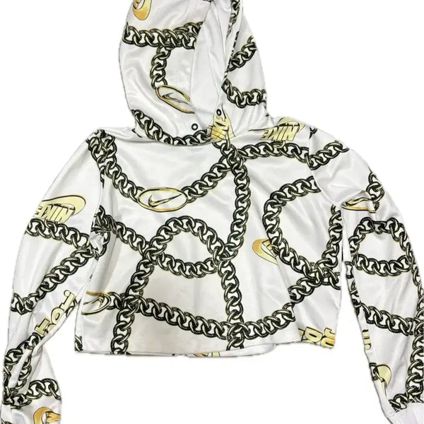 [BUNJANG] Nike Chain Pattern Cropped Hoodie White / 나이키 체인 패턴 크롭 후드티 화이트