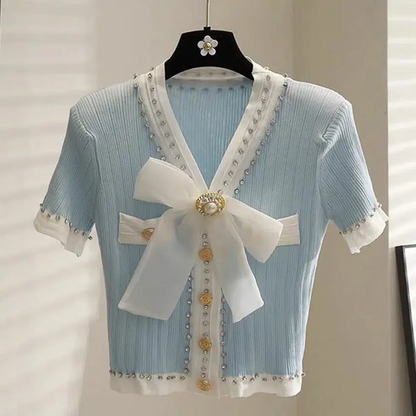 [BUNJANG] Sky Blue Ribbon Jewel V-Neck Knit Cardigan / 하늘색 리본 보석 브이넥 니트 가디건