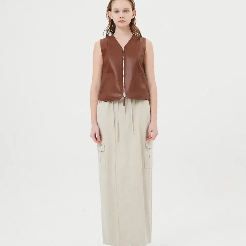 [BUNJANG] Brown Leather Zipper Vest / 브라운 가죽 지퍼 베스트