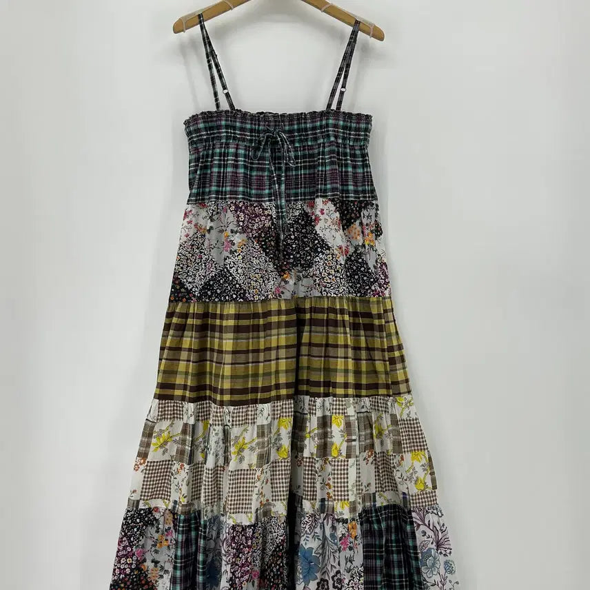 [BUNJANG] Mori Girl Flower Check Patchwork String Dress / [JPN] 모리걸 플라워 체크 패치워크 끈 원피스