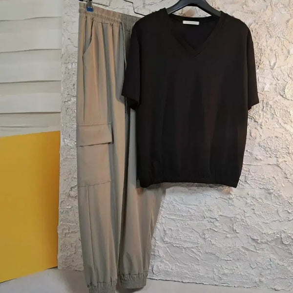 [BUNJANG] ROOMPACKER Nylon String Short Sleeve T-Shirt & Jogger Cargo Pants Set (Khaki/Black, Size 55-66) / 새옷(55~66) ROOMPACKER 나일론스트링반팔 나일론조거카고바지셋