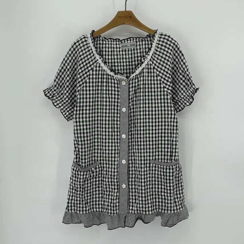 [BUNJANG] Amuse by Dream Check Frill Short Sleeve Blouse / [amuse by dream] 어뮤즈바이드림 체크 프릴 반팔 블라우스