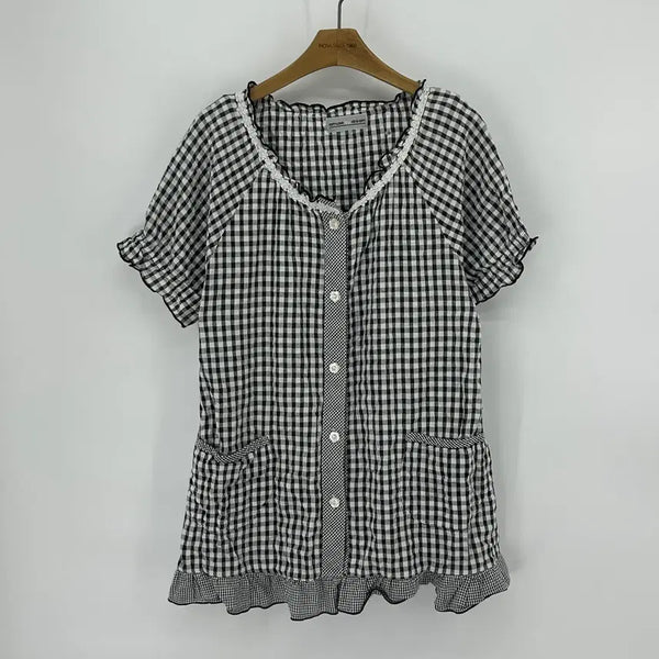 [BUNJANG] Amuse by Dream Check Frill Short Sleeve Blouse / [amuse by dream] 어뮤즈바이드림 체크 프릴 반팔 블라우스