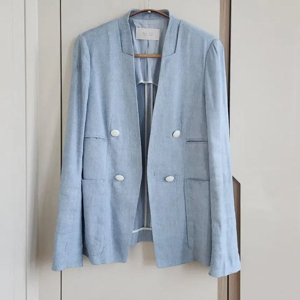 [BUNJANG] SJSJ Linen Sky Blue Double Button Collarless Jacket / 한섬 SJSJ 스카이블루 린넨 봄여름 자켓