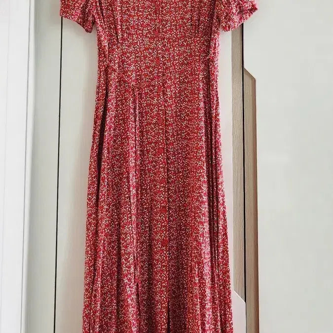 [BUNJANG] Red Floral Puff Sleeve Long Dress / 레드 잔꽃무늬 퍼프 반팔 롱원피스