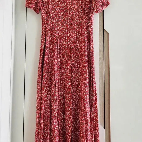 [BUNJANG] Red Floral Puff Sleeve Long Dress / 레드 잔꽃무늬 퍼프 반팔 롱원피스
