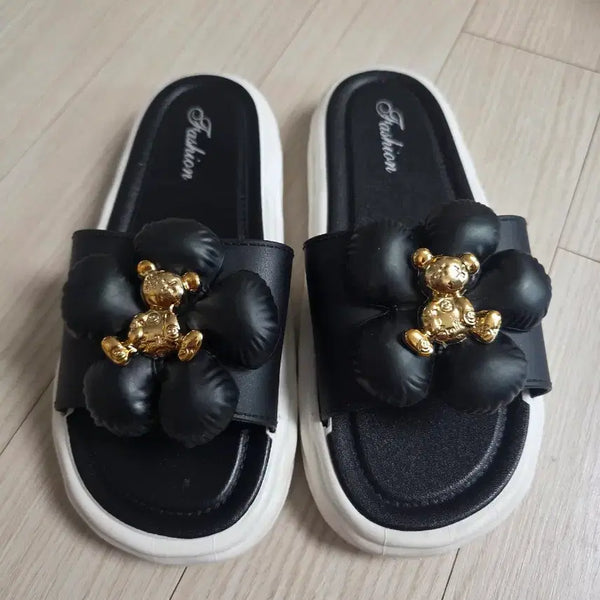 [BUNJANG] Comfortable Cushion Slides Sandals with Bear and Flower Charm / 쿠션편한 슬리퍼샌들