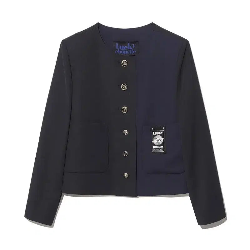 [BUNJANG] Lucky Chouette Navy and Black Mix Collarless Jacket / 럭키슈에뜨 자켓