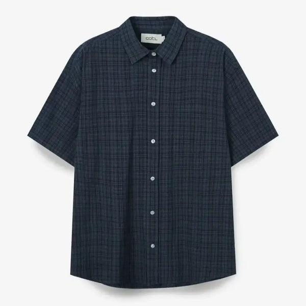 [BUNJANG] Customellow Cool Check Short Sleeve Shirt - Navy, Size M / 커스텀어클락 체크 숏 슬리브 셔츠 M