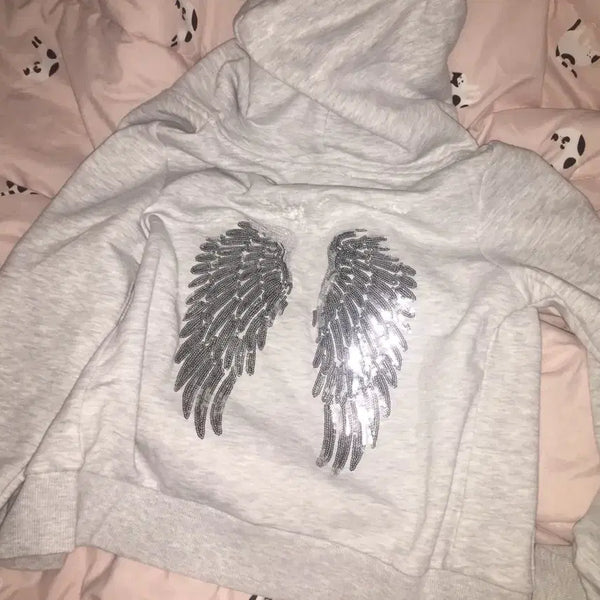 [BUNJANG] Subdued Wings Sequin Zip-Up Hoodie - Size S / 섭듀드 윙즈 스팽글 후드집업 S(핀터깔)
