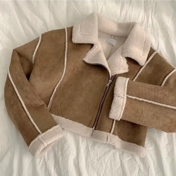 [BUNJANG] Brown Suede Cropped Shearling Jacket / 브라운 밤색 양털 스웨이드 크롭 무스탕 자켓