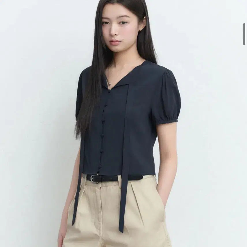 [BUNJANG] Musinsa Standard Women's Tie Blouse Navy / 무신사스탠다드 우먼 타이 블라우스 네이비 M