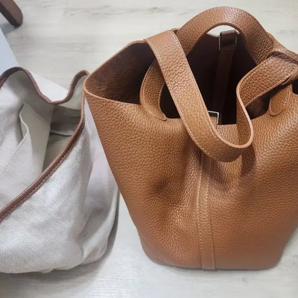 [BUNJANG] Camel Leather Tote Bag Shoulder Bag / 카멜색 가죽 토트백 숄더백