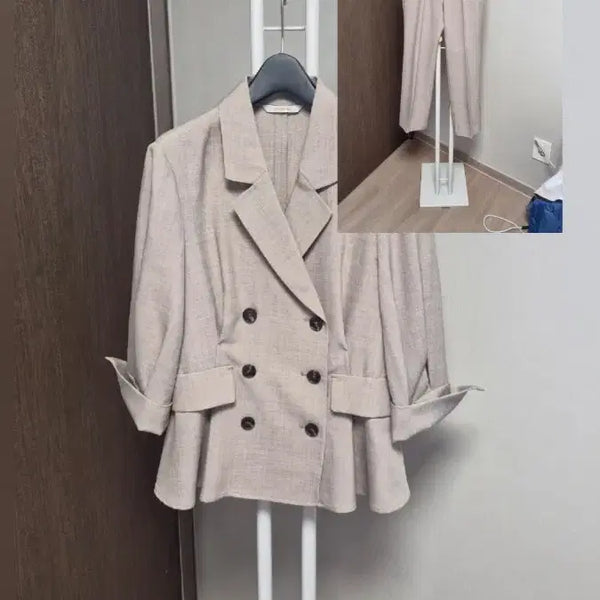 [BUNJANG] Caness Lady Beige Poly Spandex Double Button Jacket + Pants Set Up Suit / 캐네스레이디(66)베이지색 폴리스판더블 버튼 재킷 + 팬츠 셋업정장