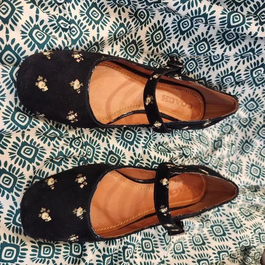 [BUNJANG] Coach Mary Jane Floral Embroidered Ballet Flats - Black / 코치 메리제인 플랫 슈즈 블랙 꽃자수코치(정품)245mm정도(여성)신발