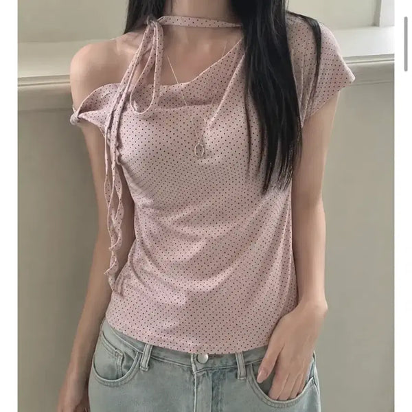 [BUNJANG] Ribbon Tie Dot Off-Shoulder Short Sleeve T-Shirt Pink / (새상품) 리본 타이 도트 오프숄더 반팔티 핑크
