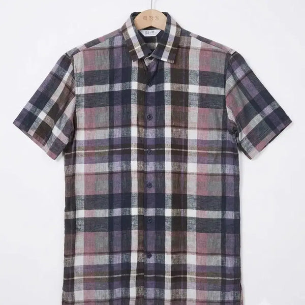 [BUNJANG] 100% Punggi Inyeon Sandlebaram Men's Check Short-Sleeve Shirt / 풍기인견 100% 산들바람 남성 체크 반팔 셔츠