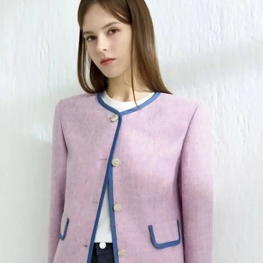 [BUNJANG] Morgan Women's Denim Patchwork Thin Tweed Jacket (Lavender/Pink) / [무료배송]모르간 55 여성 데님 배색 얇은 트위드 자켓 연보라 핑크