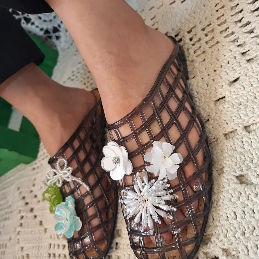 [BUNJANG] Mesh Jelly Slide Mules with Flower Charms / 새상품)여름특가 감성가득코르크메쉬그물젤리슈즈뮬+플라워파츠꾸미기(DIY)
