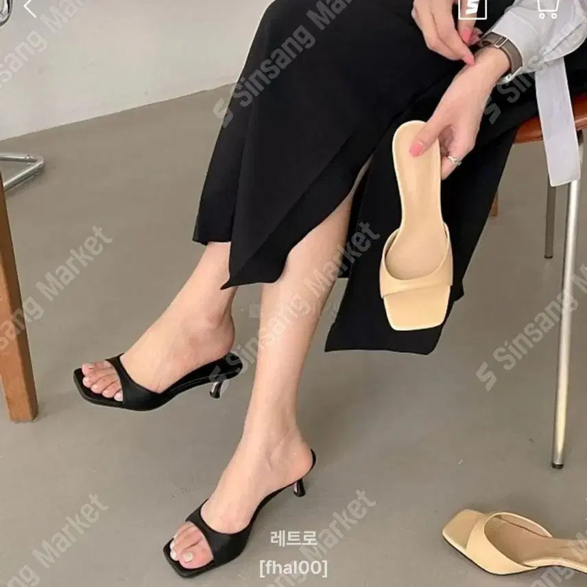 [BUNJANG] Square Slim Mule Slippers 5cm Heel Black US 6 / 새상품) 스퀘어 슬림 뮬 슬리퍼 굽5cm 블랙230