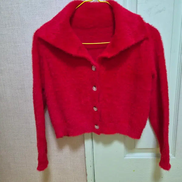 [BUNJANG] Red Fur Cropped Cardigan / (새상품)레드 퍼 크롭 가디건
